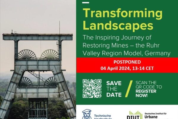 Ein grüner Flyer mit dem Text: "Let's talk land episode 7: Transforming Landscapes - The Inspiring Journey of Restoring Mines - the Ruhr Valley Region Model, Germany"