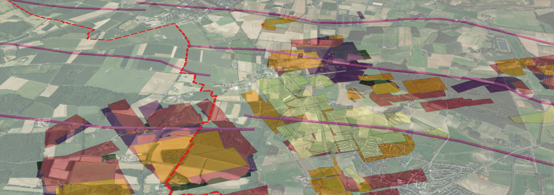 Karte des Gebietes um Ahlen, in der zusätzliche Geoinformationen als farbige Blöcke in einer 3D-Ansicht integriert sind.