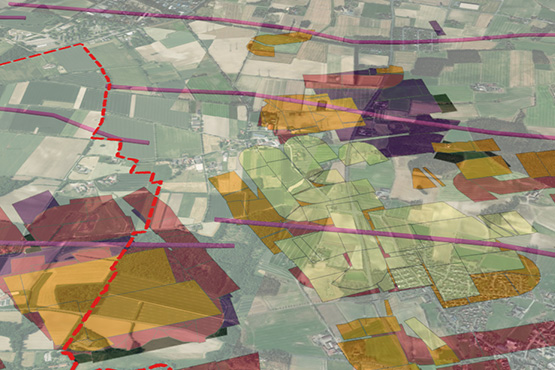 Karte des Gebietes um Ahlen, in der zusätzliche Geoinformationen als farbige Blöcke in einer 3D-Ansicht integriert sind.