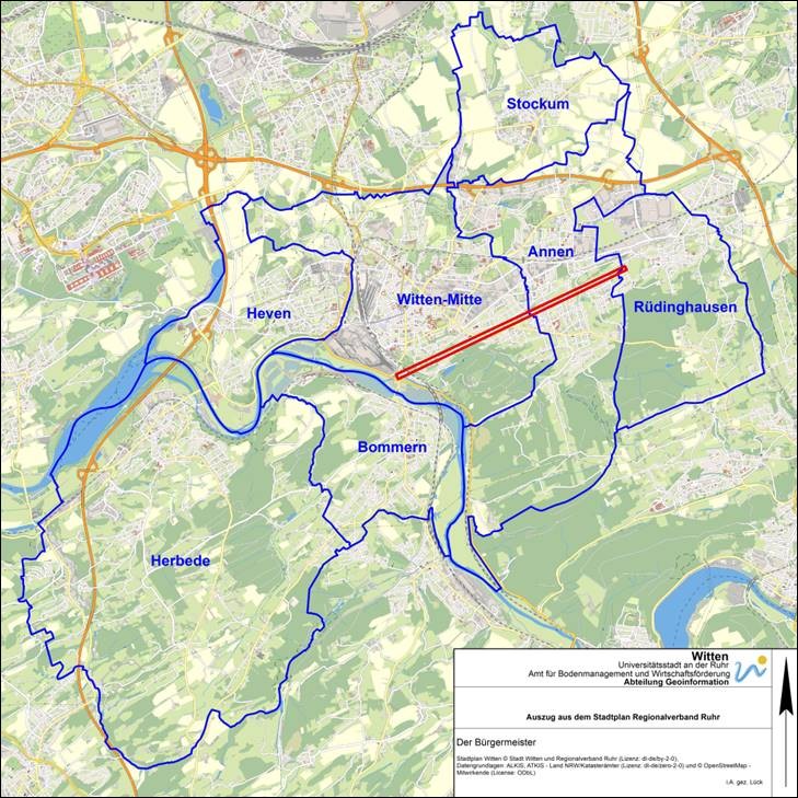Karte von Witten mit dem Standort des Franziska Erbstollen
